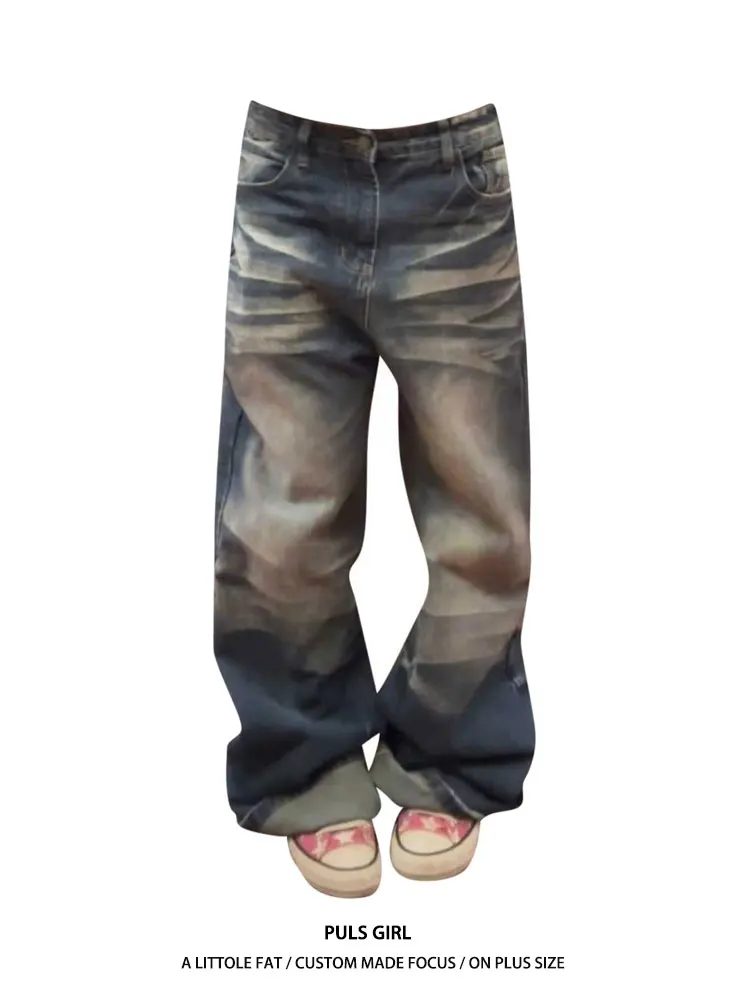 

Large Size American Retro Washed Jeans Women Loose Drapey Casual Wide Leg Long Pants High Waist Street Style Denim