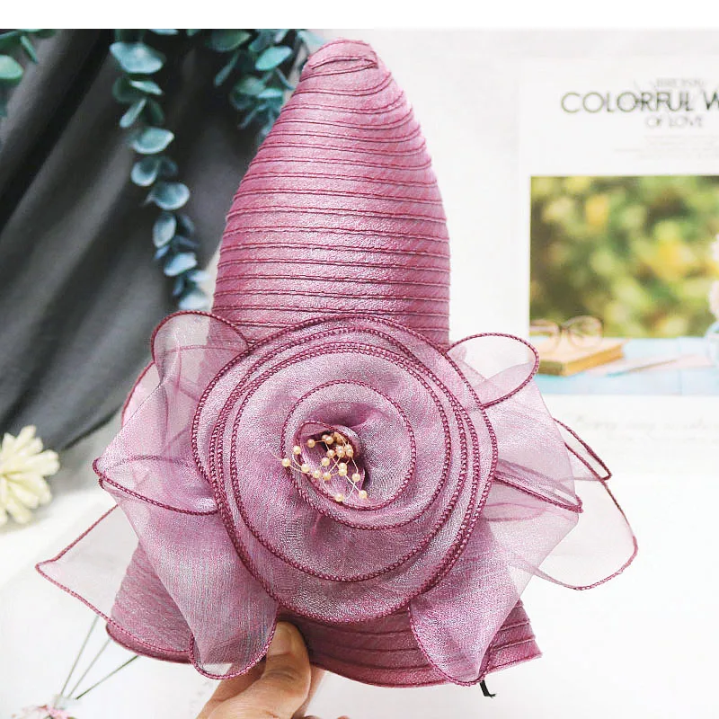 Bucket hat summer new Organza flower breathable basin hat Sun Protection sunscreen Hat For Women Beach Hat Flanging cap