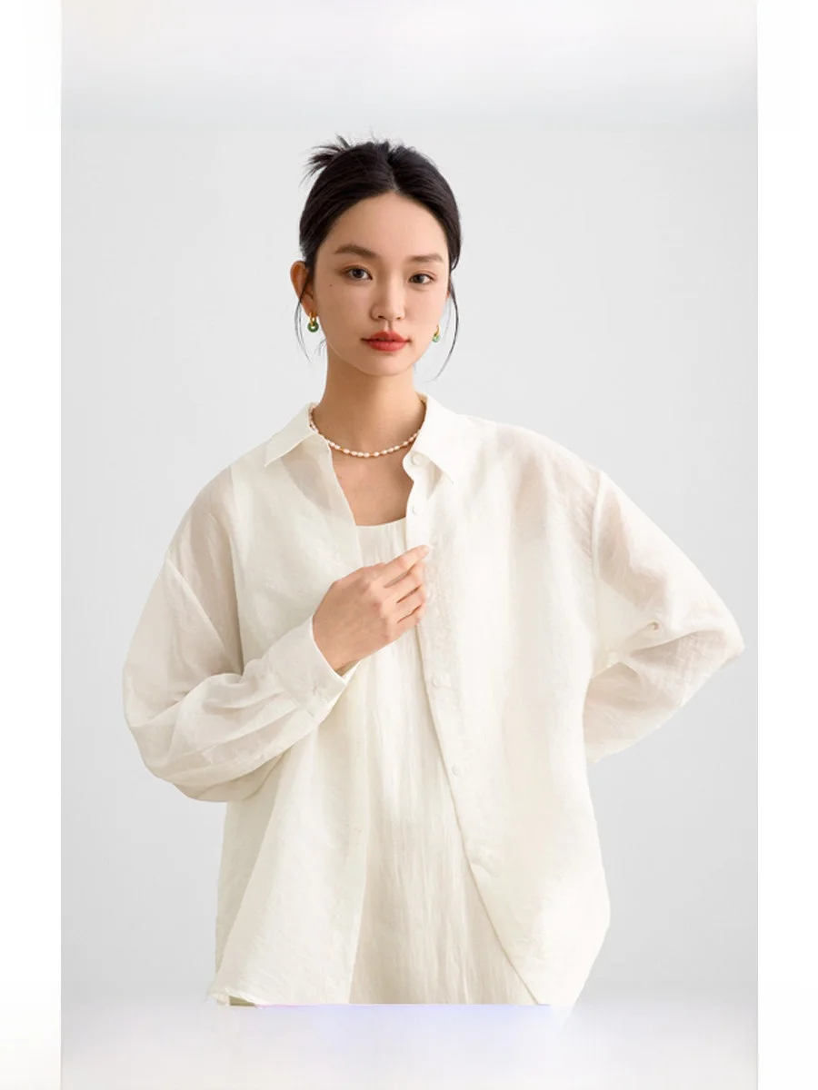 

ROCO Summer New Pearl Color Loose Lyocell Shirt Lightweight Design Sensation Mid-Length Outerwear Sunscreen Top for Women