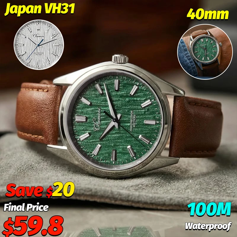 Watchdives GS05 37Mm Montre vintage pour homme VH31 Montre à quartz à seconde fluide Miroir saphir Étanche 100M Bracelet en cuir Montre-bracelet