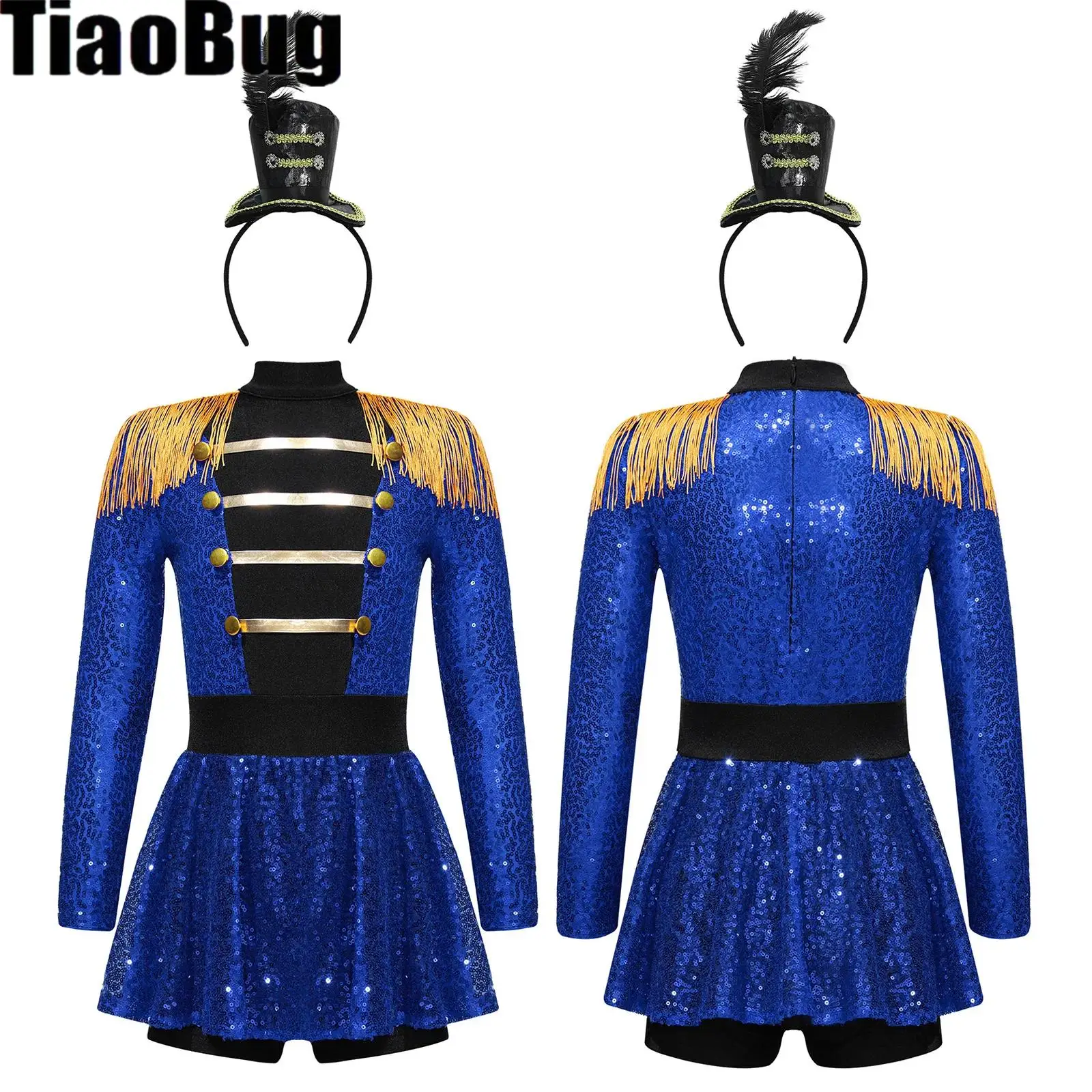 

Kids Girls Tassel Epaulet Sequins Jumpsuit Ringmaster Circus Costume Set with Top Hat Headwear for Festival Cosplay