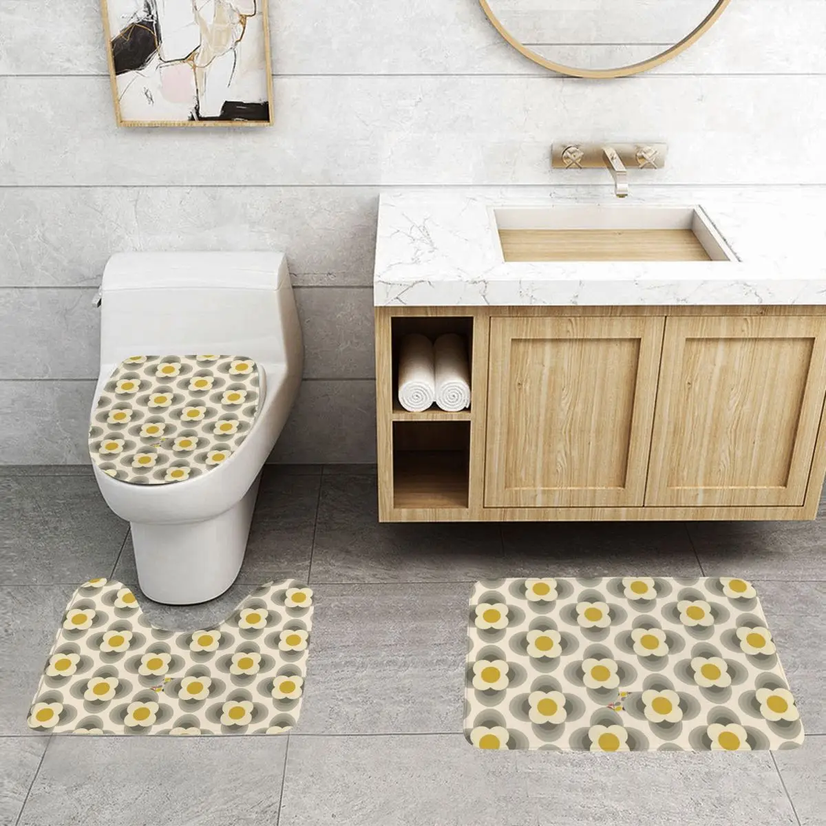 Custom Orla Kiely Striped Petal 3 Piece Bathroom Rugs Set Non Slip Scandinavian Abstract Flower Toilet Bath Mat Sets