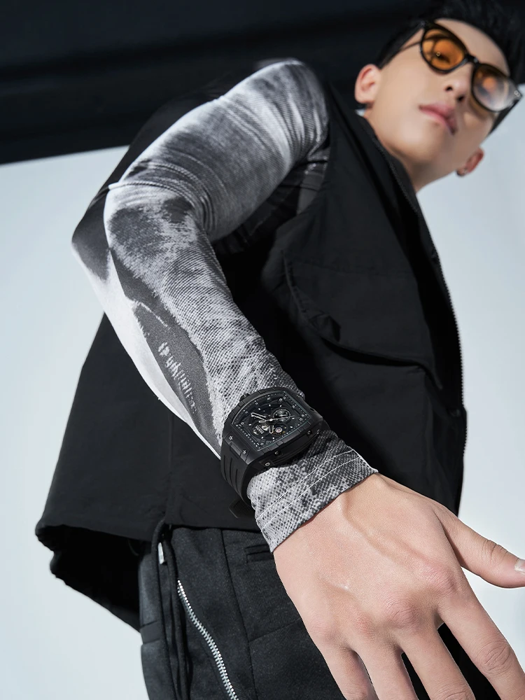 Mark Fairwhal Men Automatic Watch 47mm*52mm Tonneau Mechanical Wristwatch Resin Case Luminous Skeleton Dial