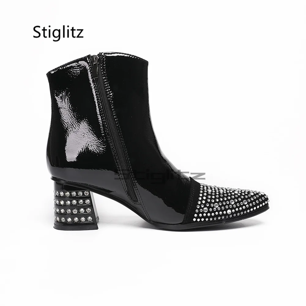 Full Rhinestone Pointy Black Chelsea Boots for Men Rhinestone Chunky Heels Side Zipper Ankle Booties Fashion Party Wedding Shoes