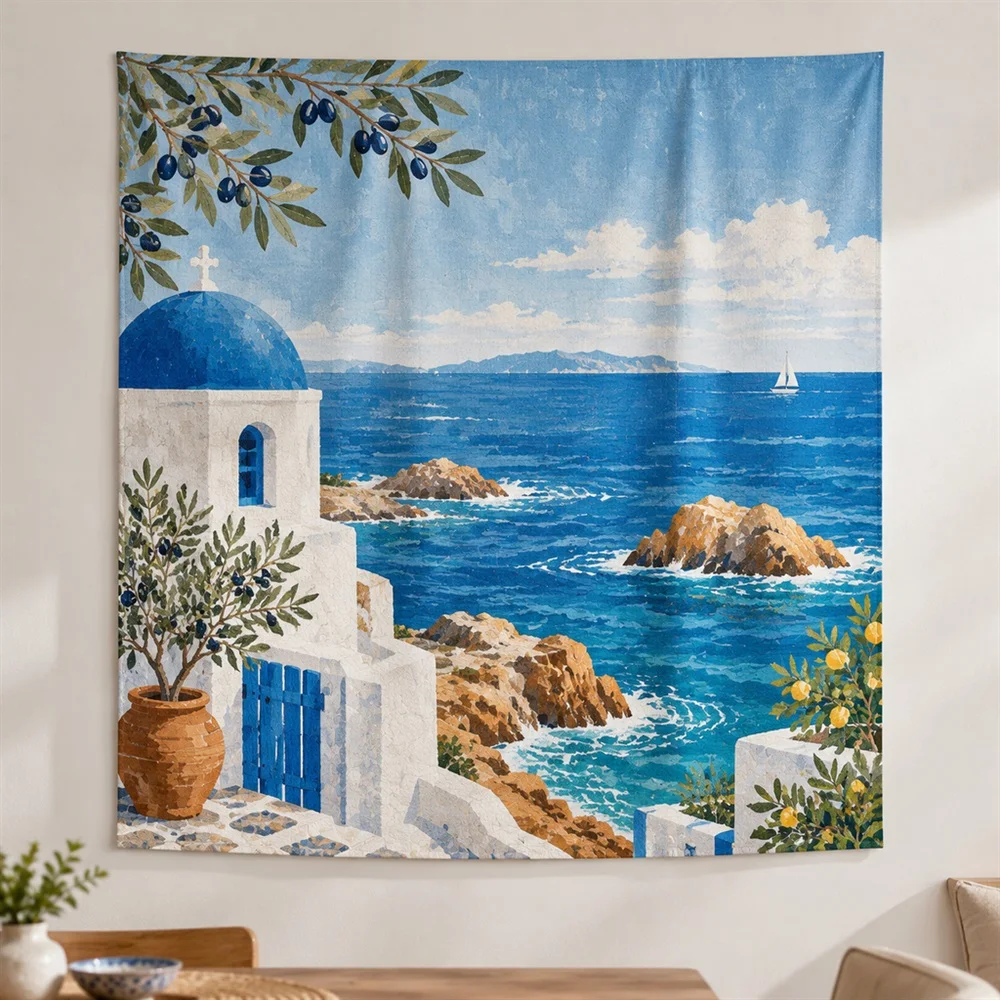VIKAMA Coastal Rocks Clustered Groups Tapestry Wall Hanging, Mediterranean Wall Art Tapestries for Living Room Bedroom Kids Room