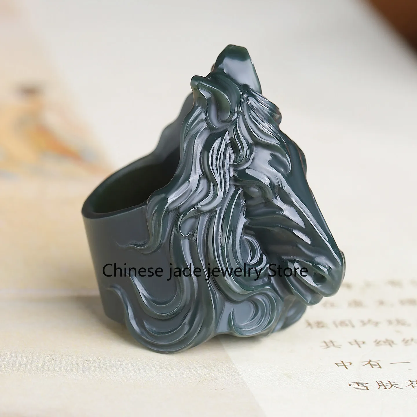 New Hetian Jade Horse Ring Xinjiang Fine Sapphire Zodiac Horse Jade Wrench Finger Wide Ring Men's and Women's Jade Ring