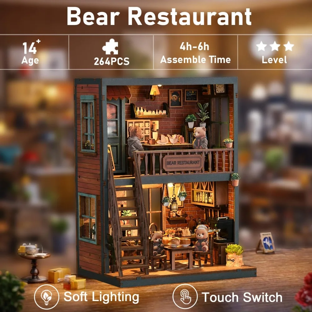 Bear Restaurant 3D Wooden Puzzle Booknook Bookshelf Book Nook Kit DIY Miniature House Decoration Crafts Gift for Family Friends