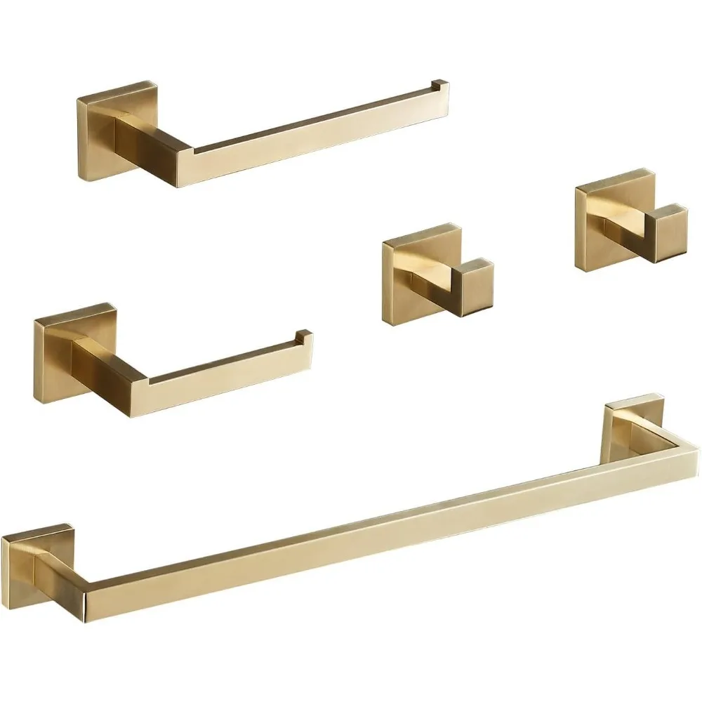 

24-дюймовый набор оборудования для ванной комнаты из матовой золотой нержавеющей стали: вешалка для полотенец, крючки для полотенец, держатель для туалетной бумаги и держатель для полотенец для рук