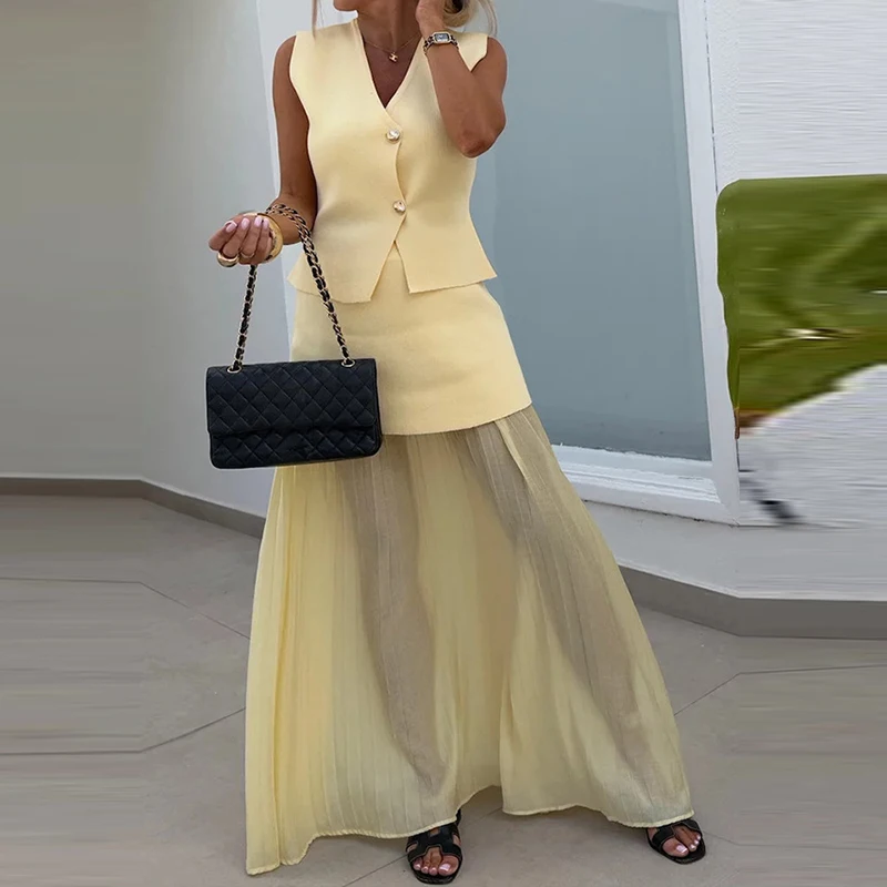 

Sexy V Neck Button Vest Half Skirts 2 Piece Set Women Sleeveless Casual Office Lady Outfit Spring Solid Color Party Clothing Set