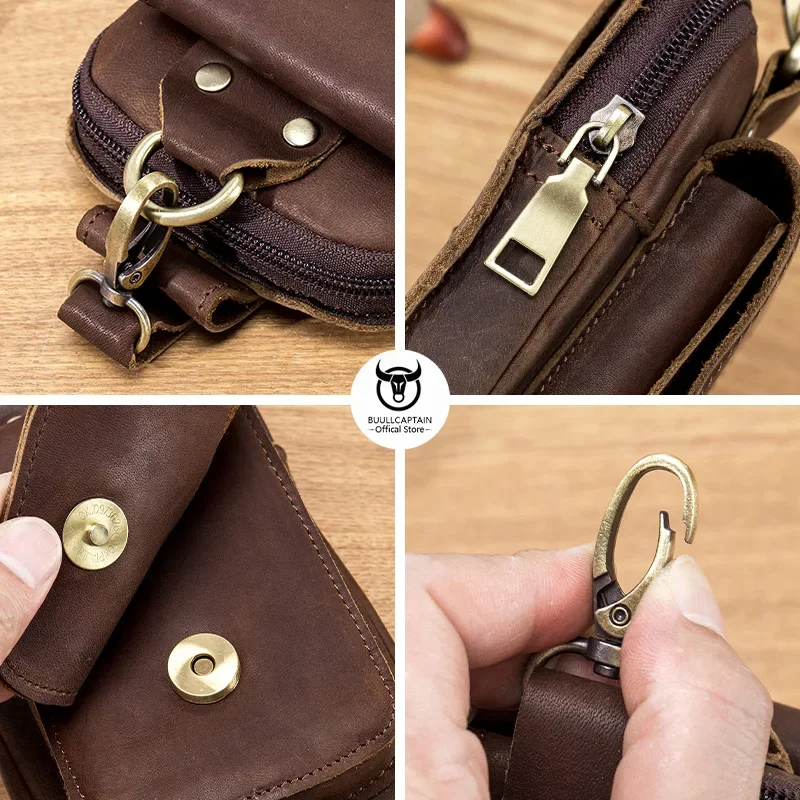 BULLCAPTAIN-riñonera de cuero genuino para hombre, bolso de cintura informal Retro de 6,7 pulgadas para teléfono móvil, multifuncional de doble capa