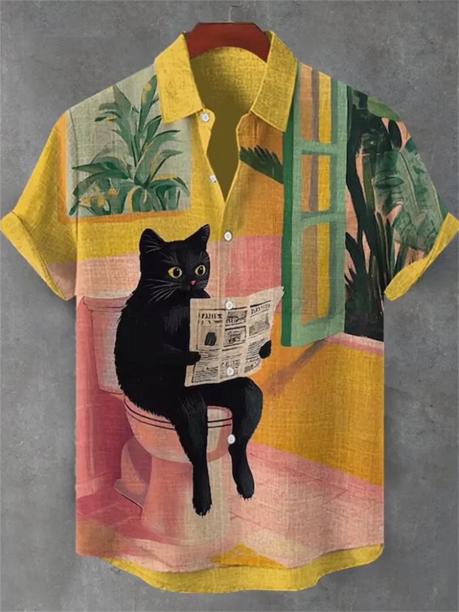 Men's Hawaiian Short Sleeve Shirt Cool Cartoon Black Cat Sunset Drink Distressed Print Summer Vacation Casual Beach Men Clothing