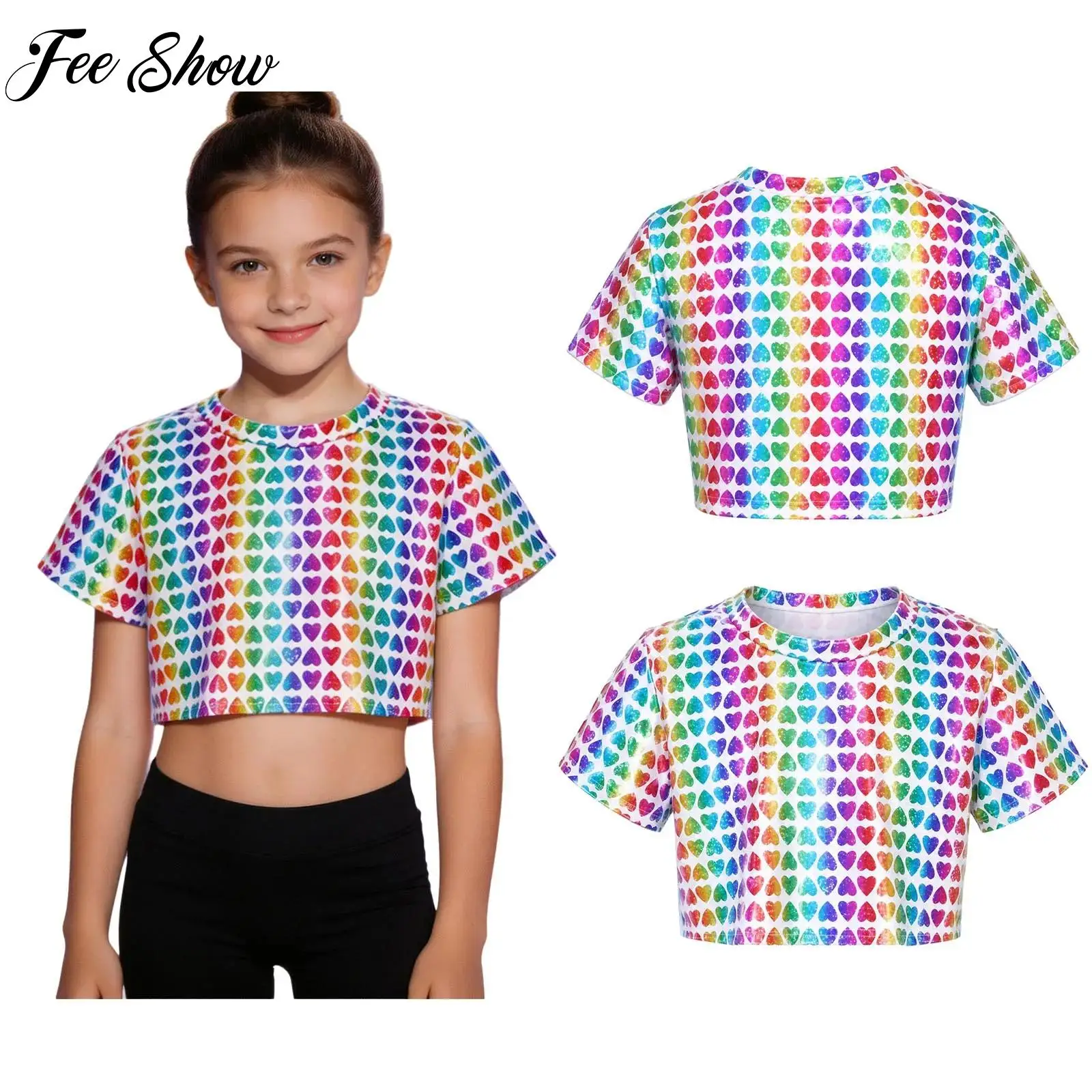 Unisex Kids Boys Girls Jazz Hip Hop Dance Shirt Tops Round Neck Short Sleeves Metallic T-shirt for Stage Performance School Show