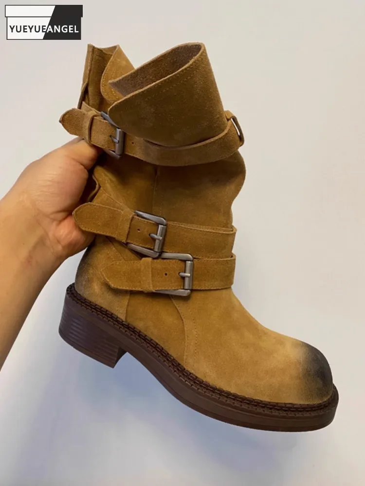 

Winter Fashion Women Cow Suede Leather Comfortable Buckle Round Toe Ankle Boots Height Increase Elegant Ladies Handmade Shoes