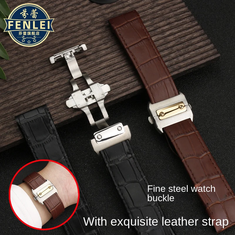 Pulseira de relógio de couro genuíno para cartier santos sandoz 100 pulseira de relógio de couro de alta qualidade 20mm 23mm pulseira preta acessórios