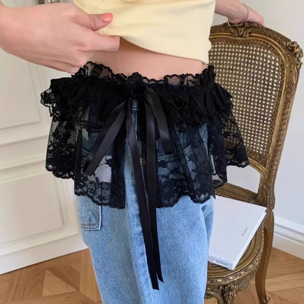 Moda Y2k Minigonna in pizzo Gonna corta in garza stile coreano Lolita Gonna con tenda sul sedere Gonna con bordo arricciato Donna