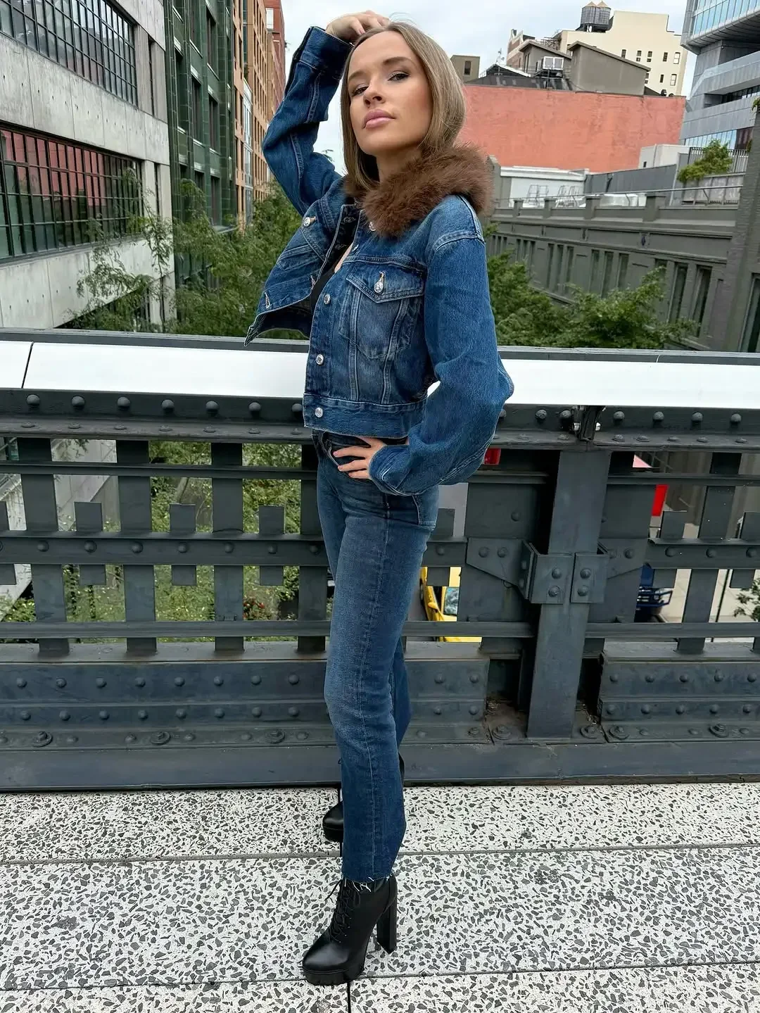 المرأة خمر الأزرق الفراء طوق الدنيم سترة عادية واحدة الصدر كم كامل التلبيب معطف قصير 2026 سيدة الشارع ملابس خارجية جديد #3