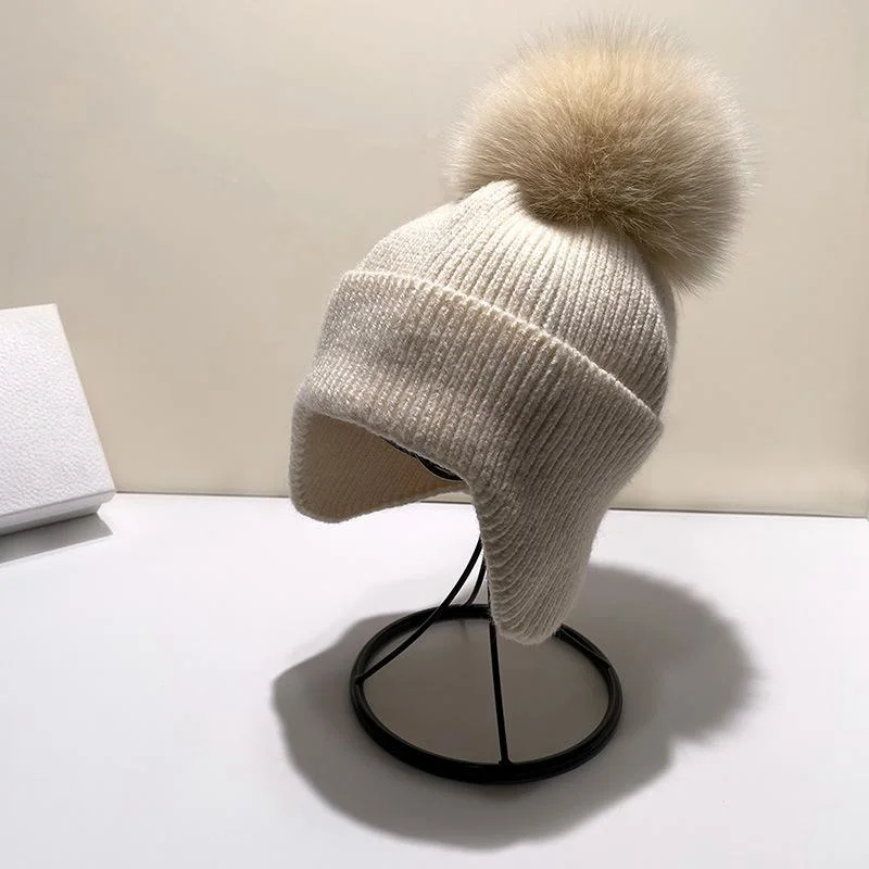 2024 New Winter Pompom Baseball Cap Men Women Fox Hairball Ear Protection Warm Hat Fox Fur Pompom Knit Beanie Korean Fashion Cap