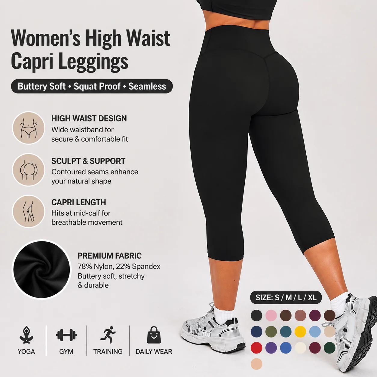 Women's High Waist Capri Leggings – Buttery Soft, Squat Proof & Seamless. Premium Sculpting Pants for Gym, Yoga & Daily Wear.
