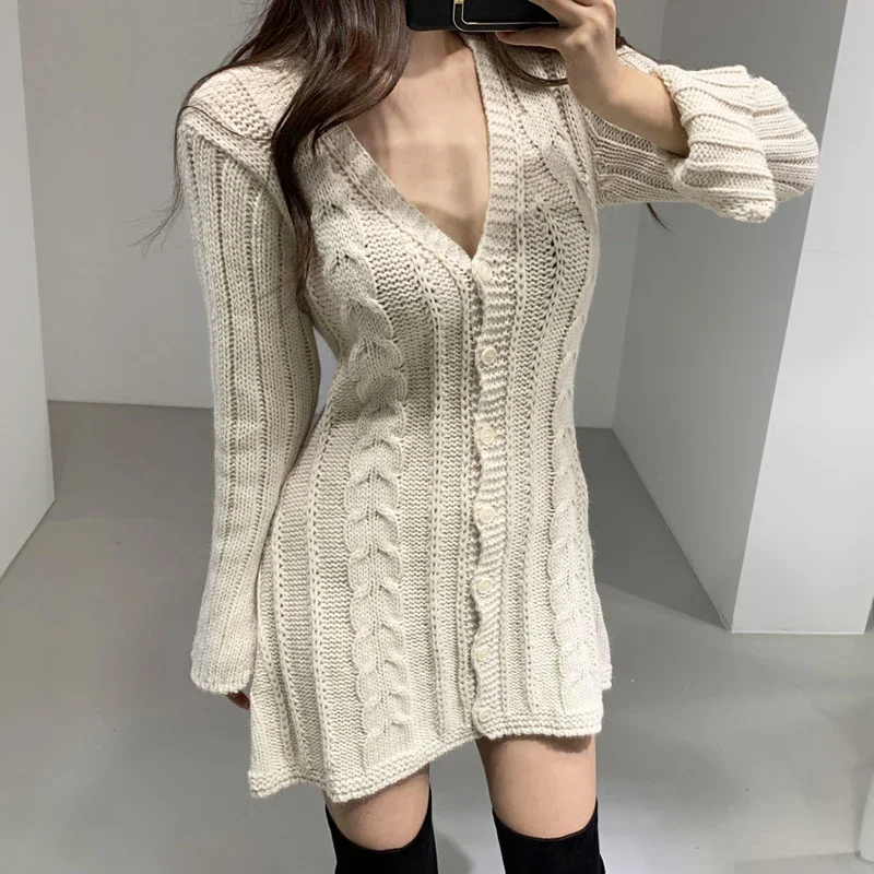 Vestido de camisola para mulheres manga longa cabo malha botão para baixo mini vestido de malha para mulheres adolescente outono inverno roupa chique