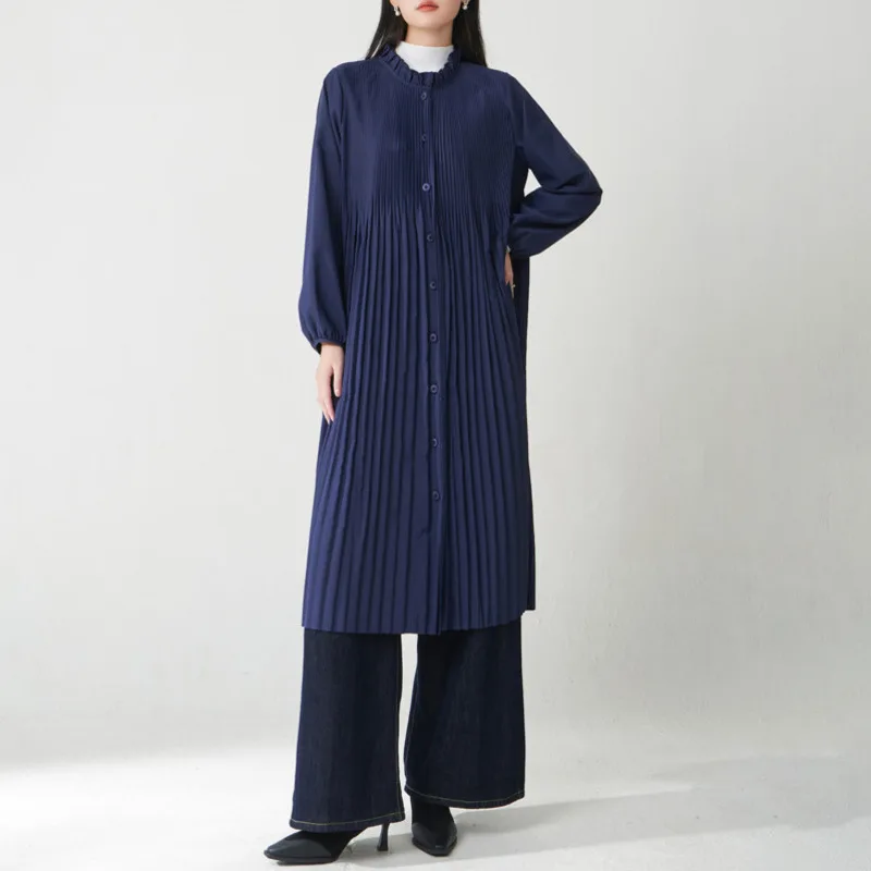 YFPF 2025 Autumn New Women Long Coat Miyake Pleated Solid Color Buton Stand Collar Fashion Windbreaker Office Lady Clothing