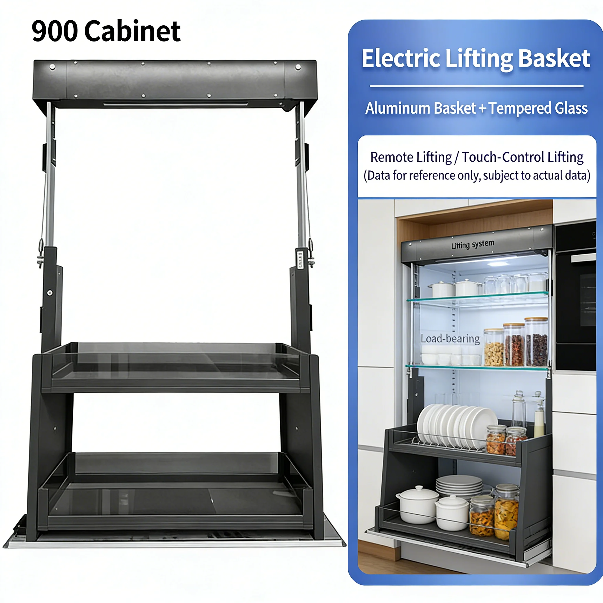 Motorized Kitchen Cabinet Organizer Electric Lift up Pull Down Shelf Height Adjustable Aluminum Glass Storage Basket Smart Home