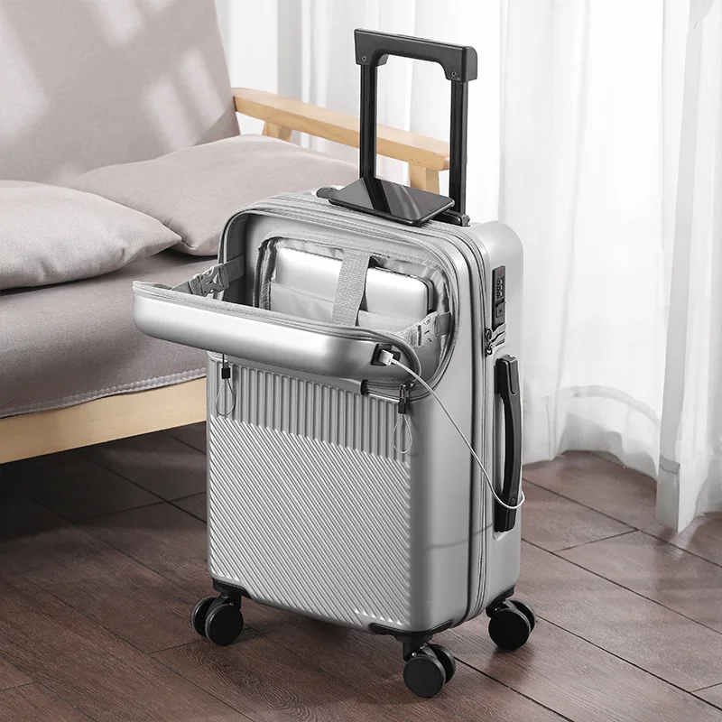 neues Upgrade Koffer vorne öffnen Gepäck mit USB-Getränke halter weiblich 20 "Board kleinen Trolley Fall 24" 26 "männliche Reisetaschen