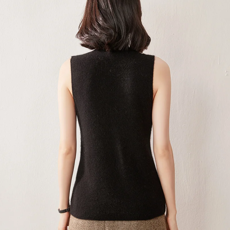 Women's 100% Cashmere Sleeveless Top Casual Solid Color Knitted Semi High Neck Base Blouse Thermal Jumper