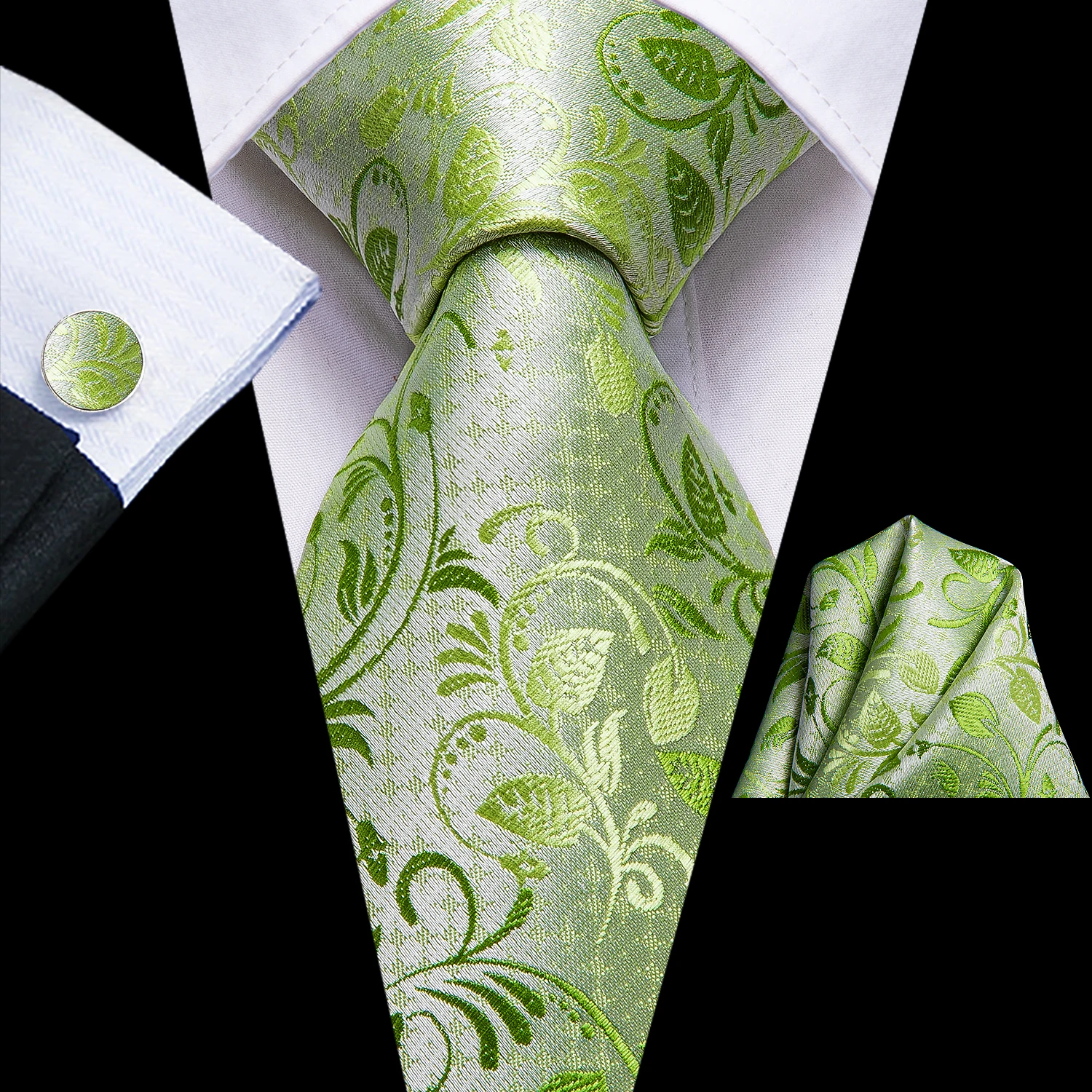 Hi-Tie Men Silk Tie Grass Green Ties Floral Necktie Boutonniere Handkerchief Cufflinks Set Wedding Cravat for Groom 8.5 cm