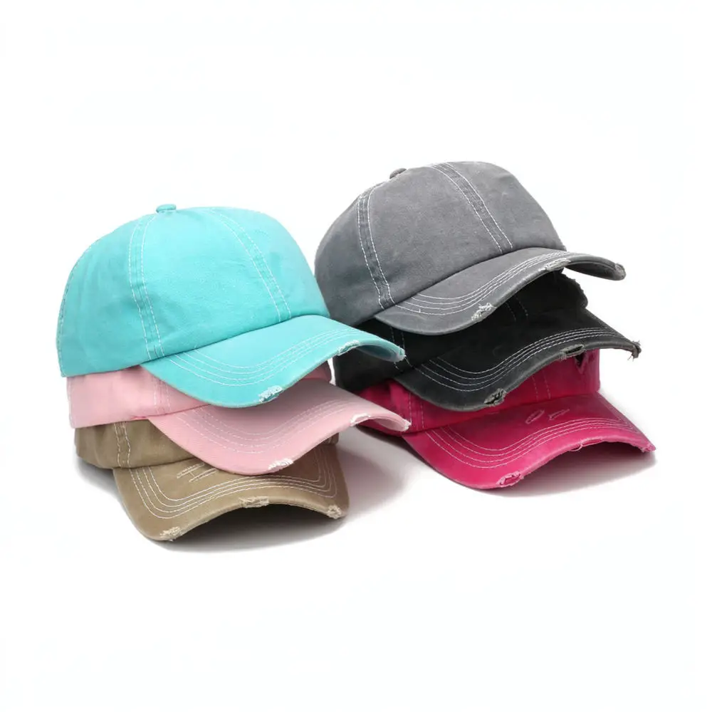 Washed Cotton Baseball Cap Ponytail Hole Vintage Distressed Hat Sequined Star Adjustable Sport Outdoor Sun Hat