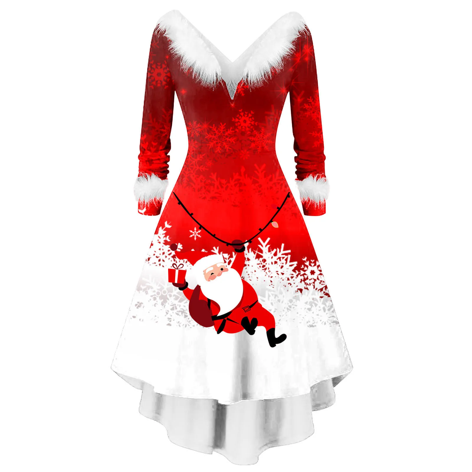 

Women'S Christmas Dress Artificial Plush Long Sleeve V-Neck High Waist Dress Festive Beautiful Dress Autumn Winter Warm Dress