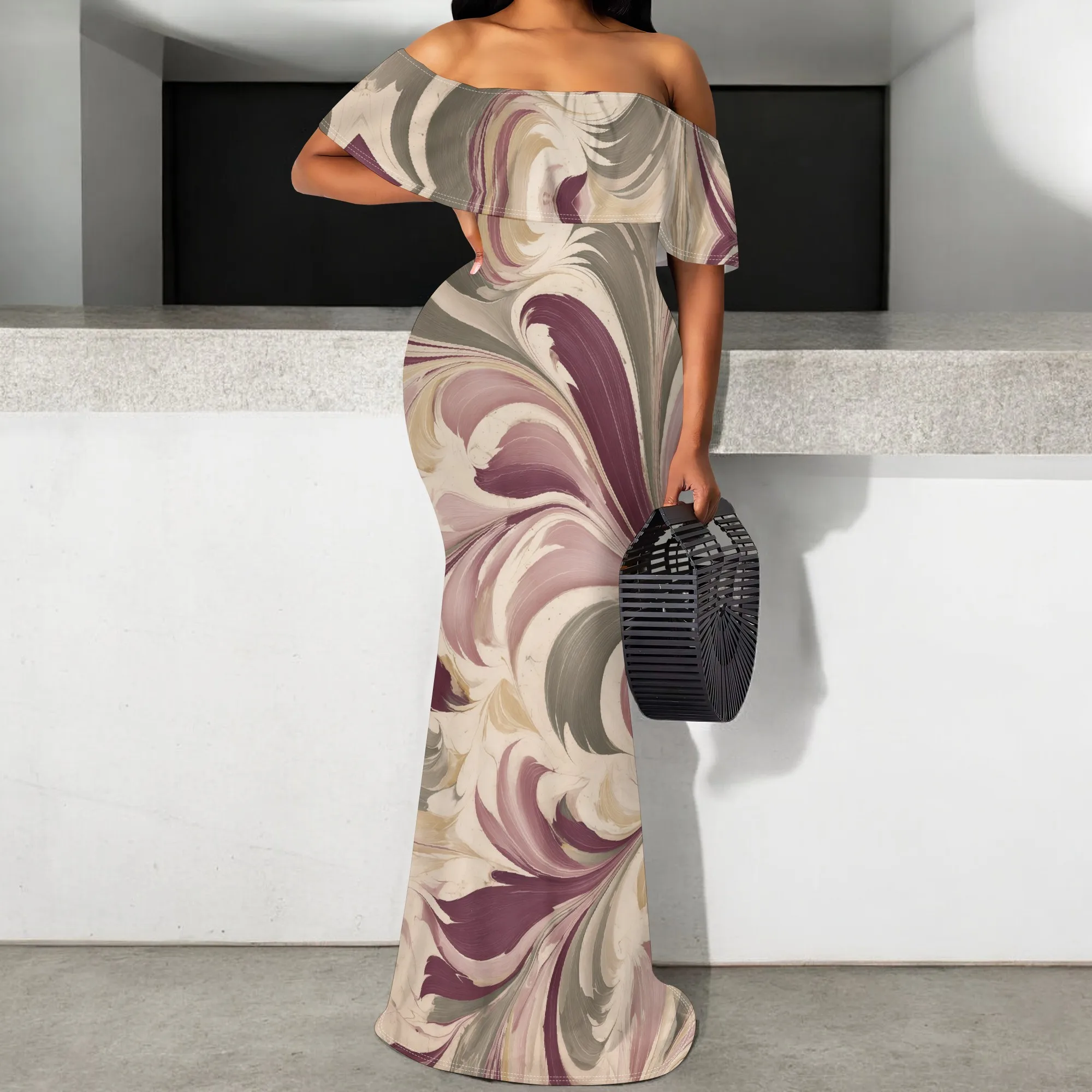

Women's Off Shoulder Mermaid Maxi Dress Elegant Marbled Swirl Print Evening Gown for Wedding Guest Cocktail Party S-3XL