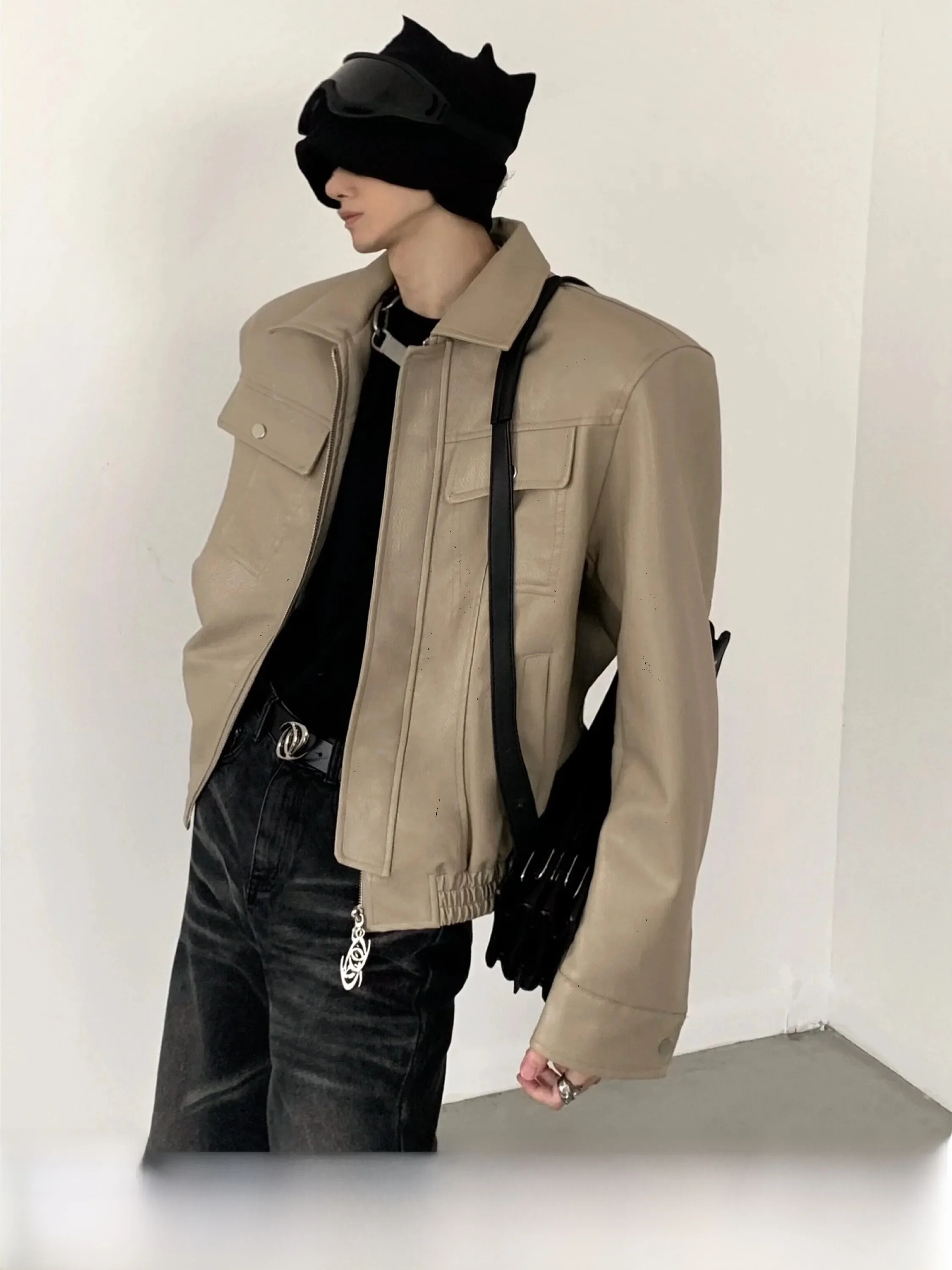 Autumn Mountain Wind Original Metal Design Men's Short Jacket Shoulder Padded High Street Style Leather Coat Spring Youth Cas...