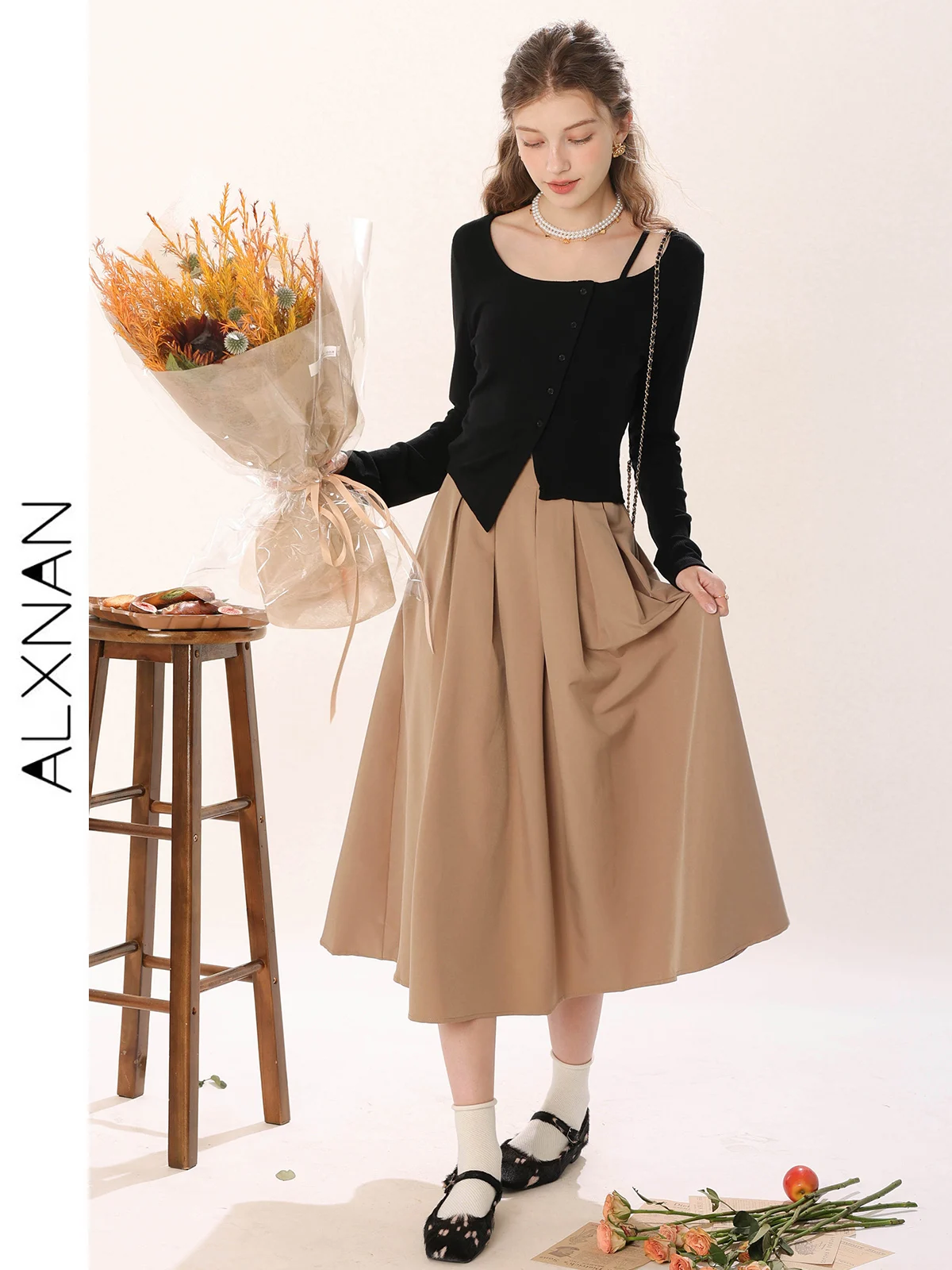 ALXNAN Vintage Solid Long Skirts Fashion Women Pleating Maxi Jupes 2024 Summer Casual High Waisted A-line Midi Skirt TM00218