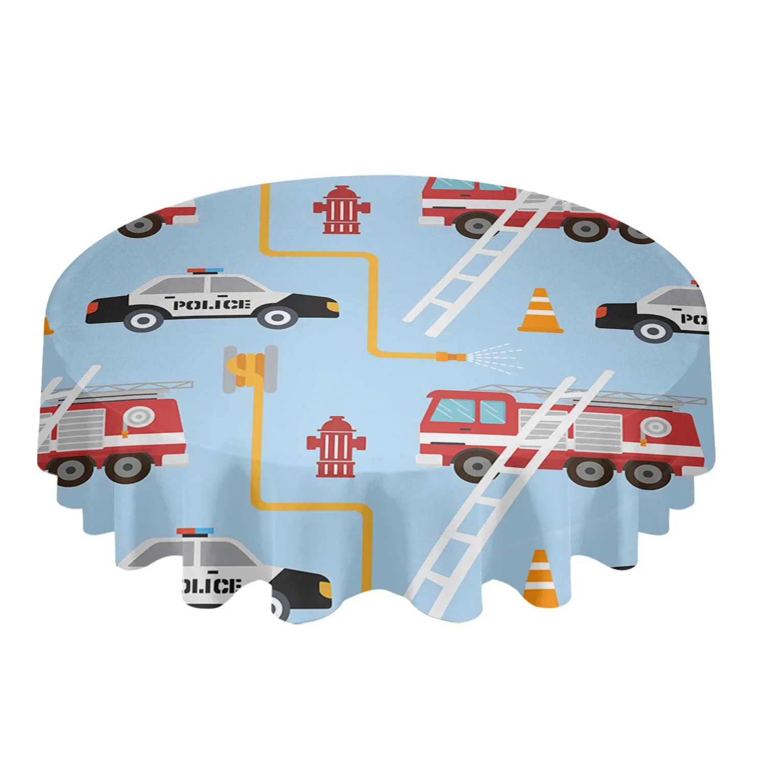 Toy Police Car Fire Truck Vehicle Cartoon Round Tablecloth Waterproof Table Cover Home Kitchen Table Cloth Table Decoration