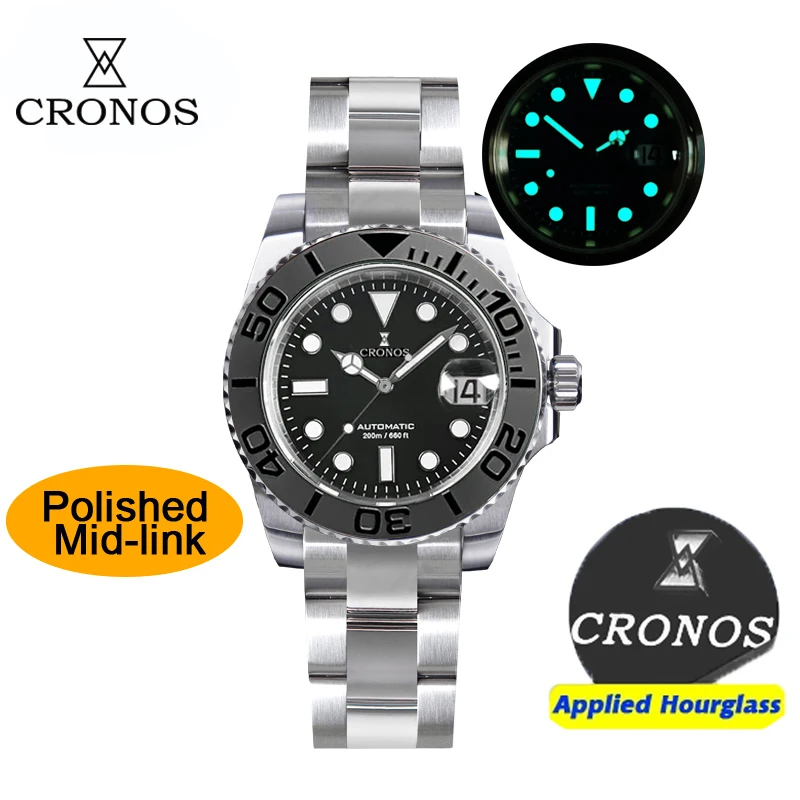 Cronos Sub Diver Man Watch Bidirectional Bezel 40mm 20ATM Water Resistant Brushed and Polish Mid-links Bracelet  Men's Watches