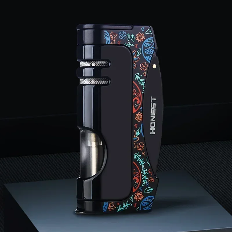 HONEST Creative Side Pressure Ignition Butane Lighter Metal Windproof Direct Injection Cigar Lighter with Cigar Hole