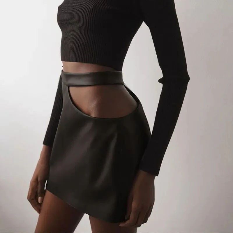 

European and American style women's clothing spring and summer new fashion hollow high waist PU hip wrap women's skirt women