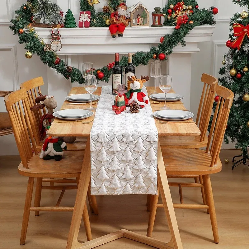3D Green Christmas Tree Table Runner,Thickened Sequin Christmas Event Party Decor Holiday Dining Table Home Decor Red White