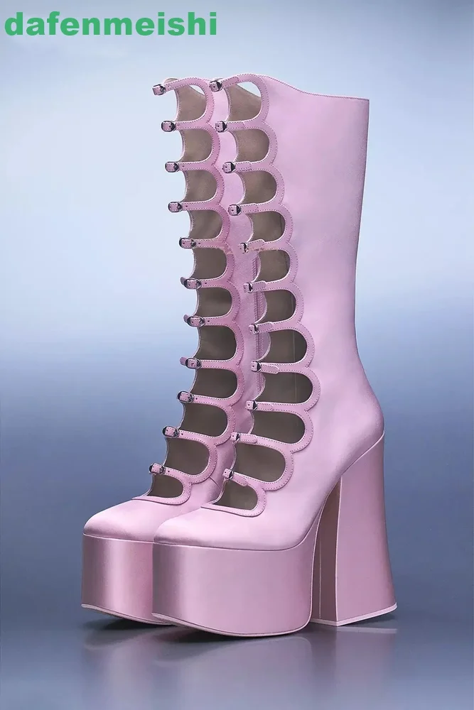 2024 New Women Pole Dance Shoes Hollow Mid-Calf Boots Platform Zipper Square Heel Buckle Strap Fashion Round Toe Sexy Boots