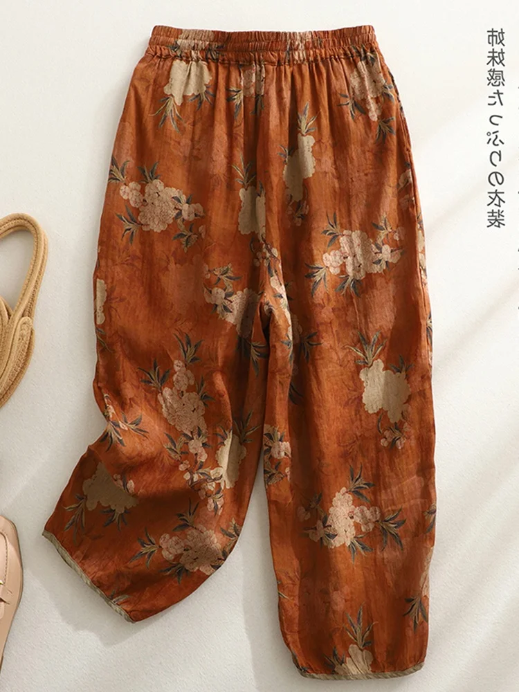 Pantalones Harlan holgados y étnicos Retro para mujer, pantalones informales de lino con estampado Floral, cintura alta, cintura elástica, talla grande, verano
