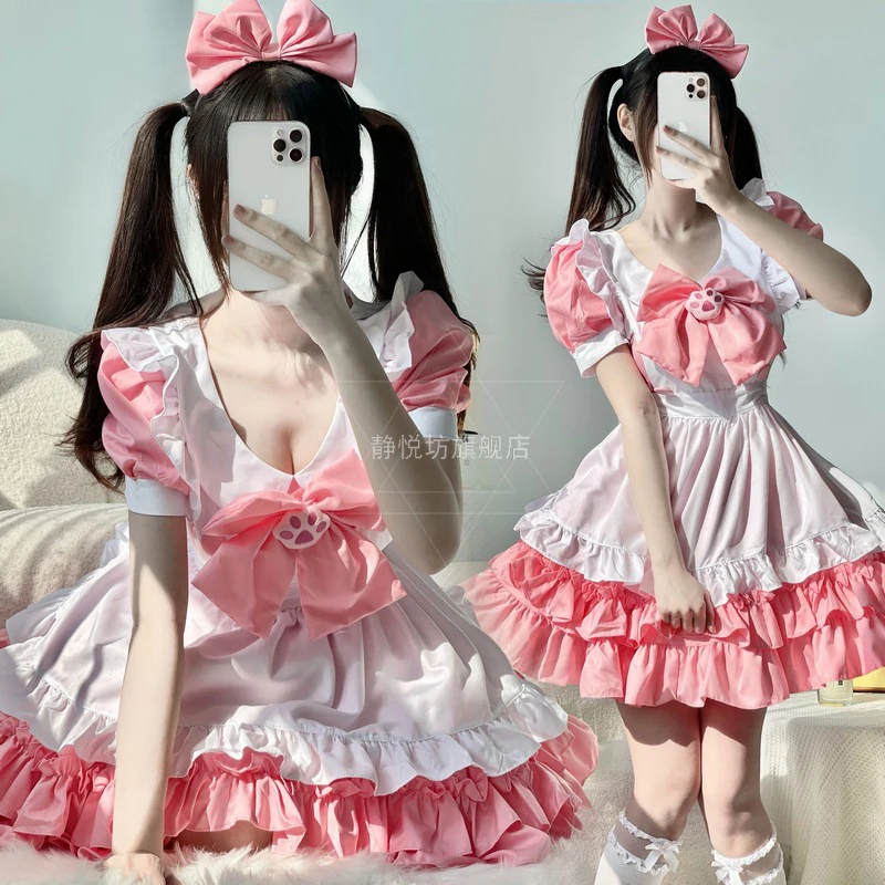 Seksowny Plus Size pokojówka Cosplay głęboki dekolt garnitur alicja różowy kot sukienka z kokardą śliczna księżniczka Lolita miękka dziewczyna strój Disfraz Anime