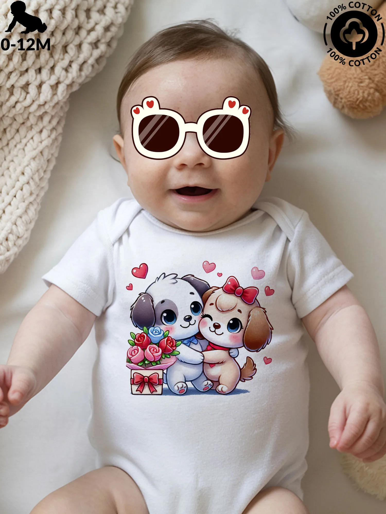 

Puppy Love Valentine Unisex Baby Crawling Suit, Pure Cotton Soft Onesie, All-Season Wear White Bodysuit 190GSM