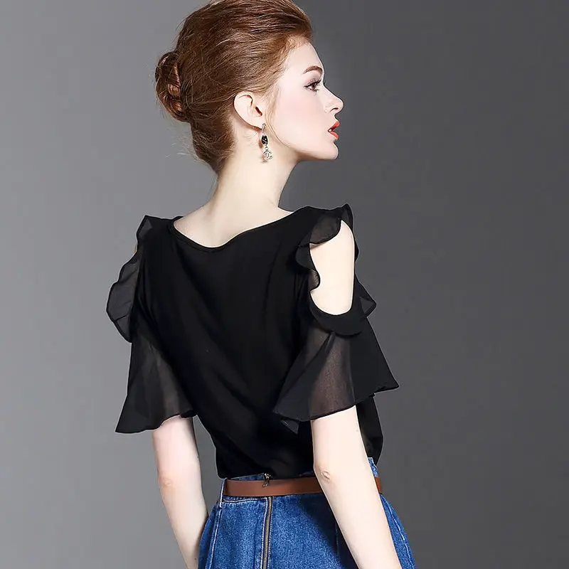 Nieuw zomershirt zwarte chiffon blouse dames elegante high-end uitgeholde ruchemouwen