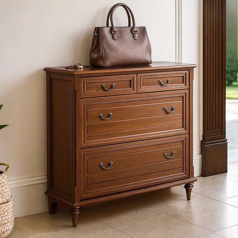 American ultra-thin 29 deep pure solid wood tipping bucket shoe cabinet walnut color household small apartment door mini shoe ra