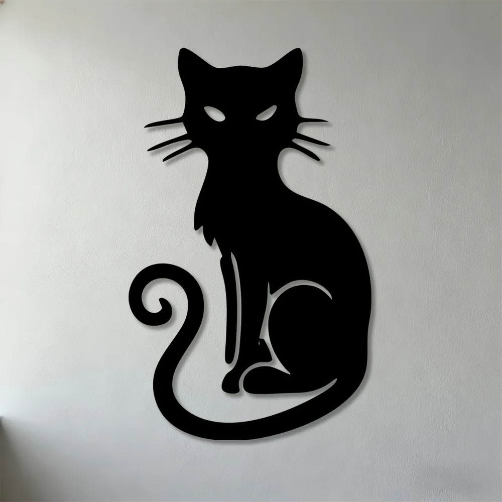 Iron Black Cat Wall Art, Black Silhouette Sculpture Decor for Living Room Office, Rustic Bedroom Flat Hanging Mural, Home Gift