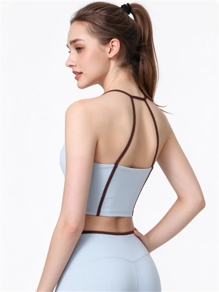 Women Light Blue Y-Back Sports Bra, Contrast Brown Straps Workout Top, Fixed Cups Yoga Bra