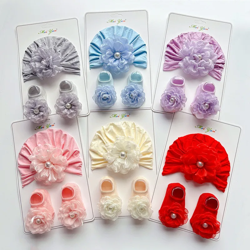 

Baby Bow Hat Socks Set Solid Color Infant Girls Turban Cap Anti-slip Socks