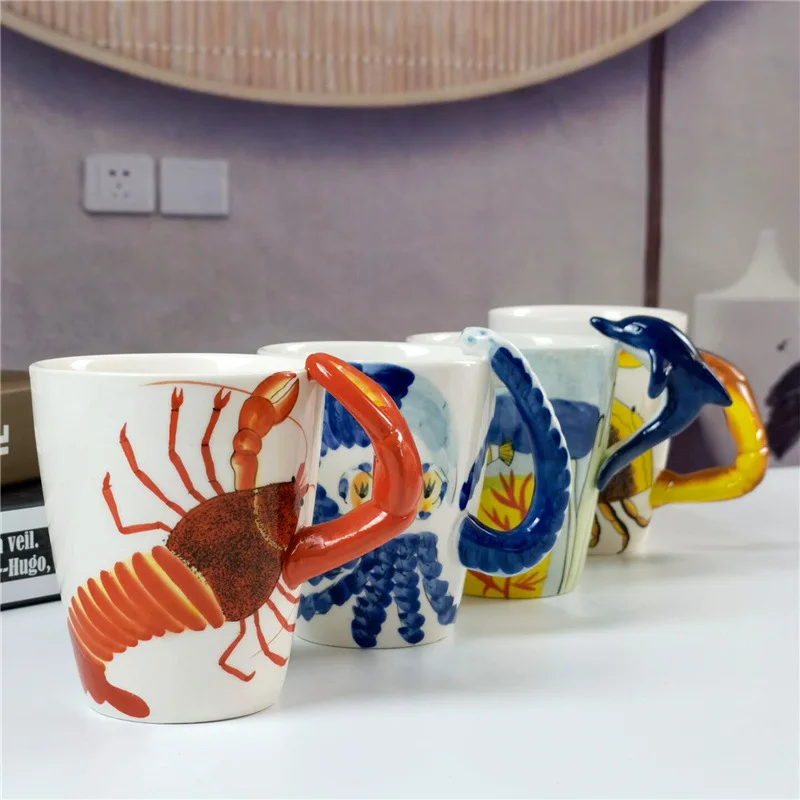 Cute Cartoon Animal Ceramic Water Cup Sea Life Dolphin Lobster Crab Mug Panda Calf Creative Modern Cups Exquisite Decoration