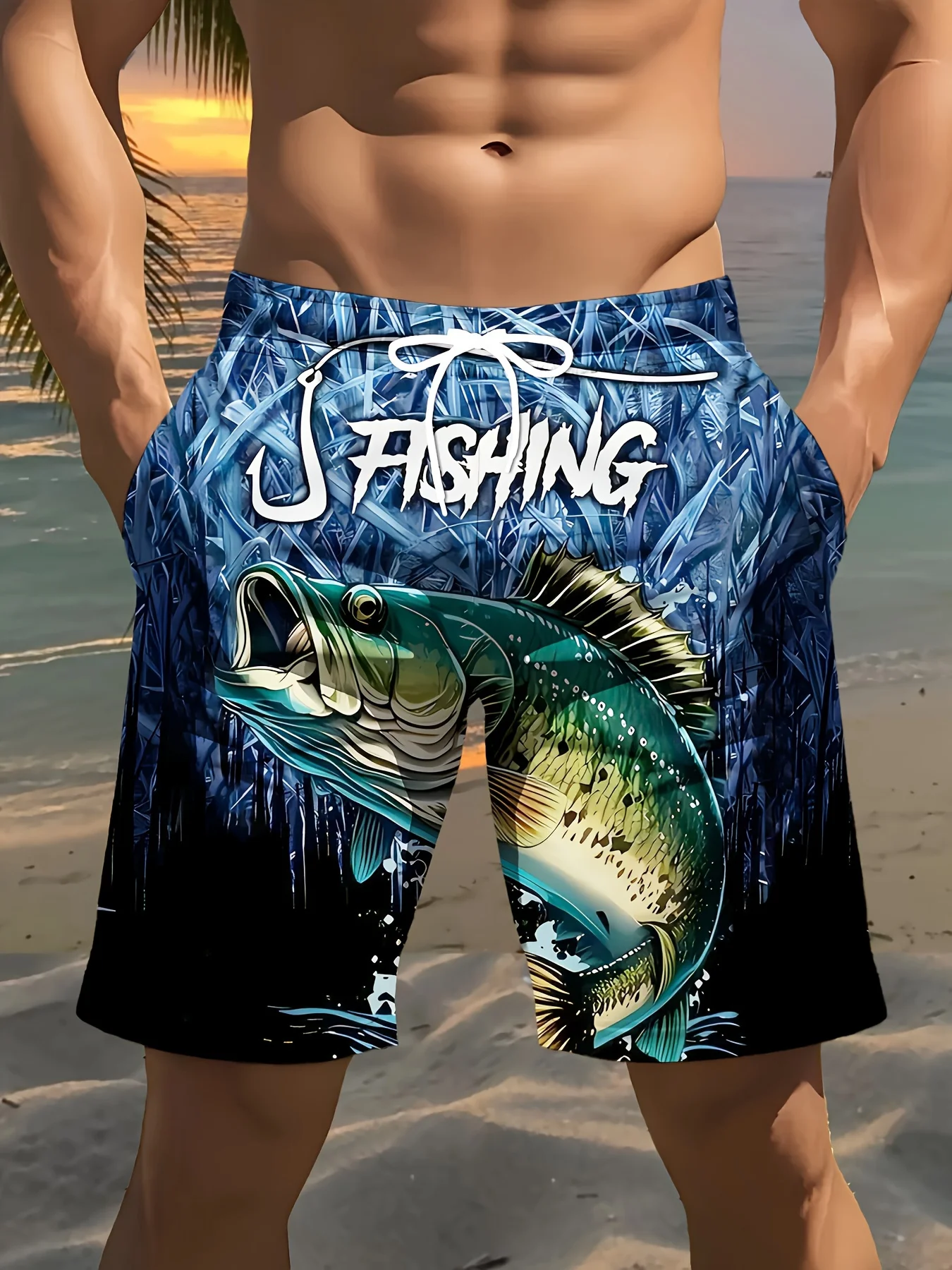 

Men's Quick-Dry Fishing Shorts Lightweight Fiber Swim Trunks with Bass Print, Beach Cricket Shorts, Suitable for Fitness