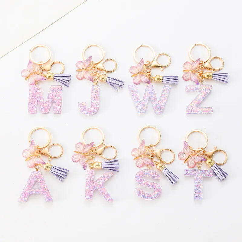 Sequin Letters Keychain for Women Tassel Butterfly Pendant Initial Keyring Purse Suspension Bag Charms Car Key Chain Accessories